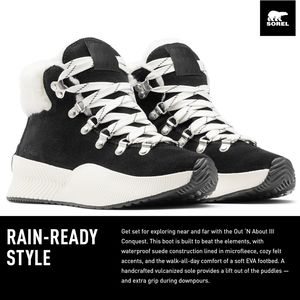 New! Sorel Women's Out N About III Conquest Waterproof Boots Black
